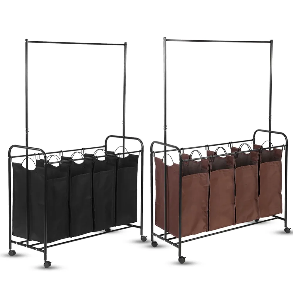

Iron + Oxford Cloth 4 Durable Detachable Bags Mobile Laundry Sorting Trolley Cart with Clothes Rod Home Tool