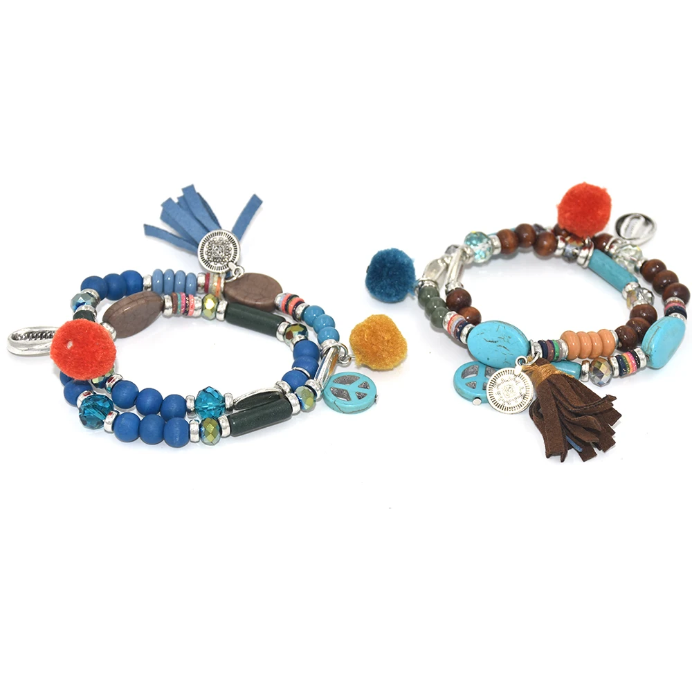 Handmade Bohemia jewelry friendship bracelets leather tassel charm bracelets Pompons Pompoms ball colorful beads Bracelets