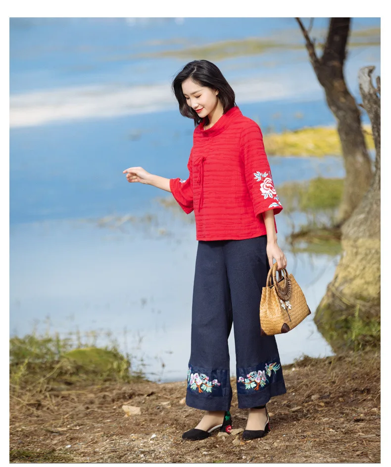 ZJN Women Tunic Blouse 2019 Spring Summer Basic Shirt Chinese Style Turtleneck 34 Sleeve Ladies Red Embroidery Sweatshirt Tops (6)