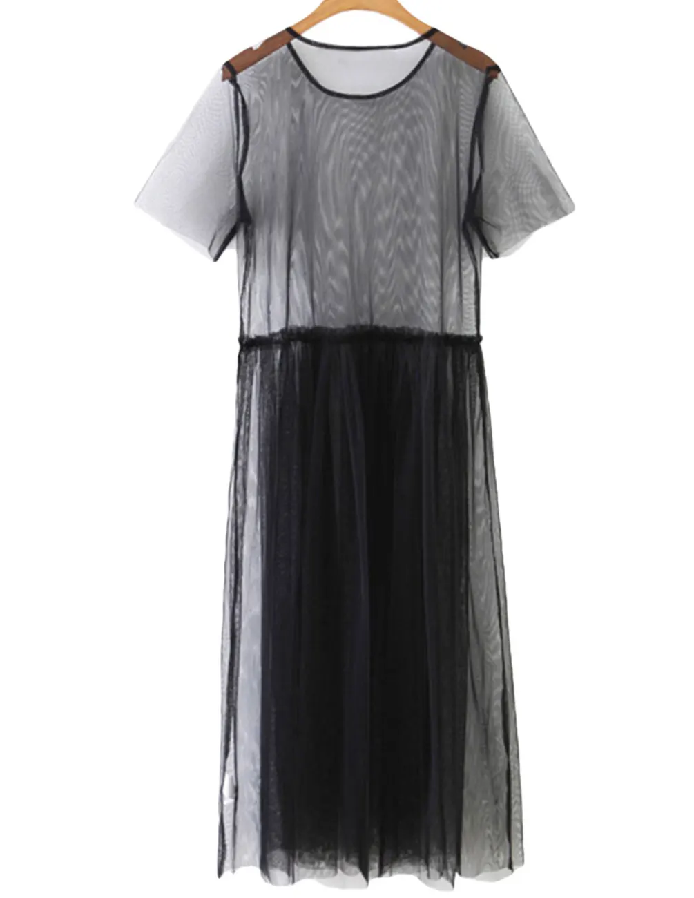 

Women sexy transparent black mesh pleated dress short sleeve o neck female fashion brand pleated dresses