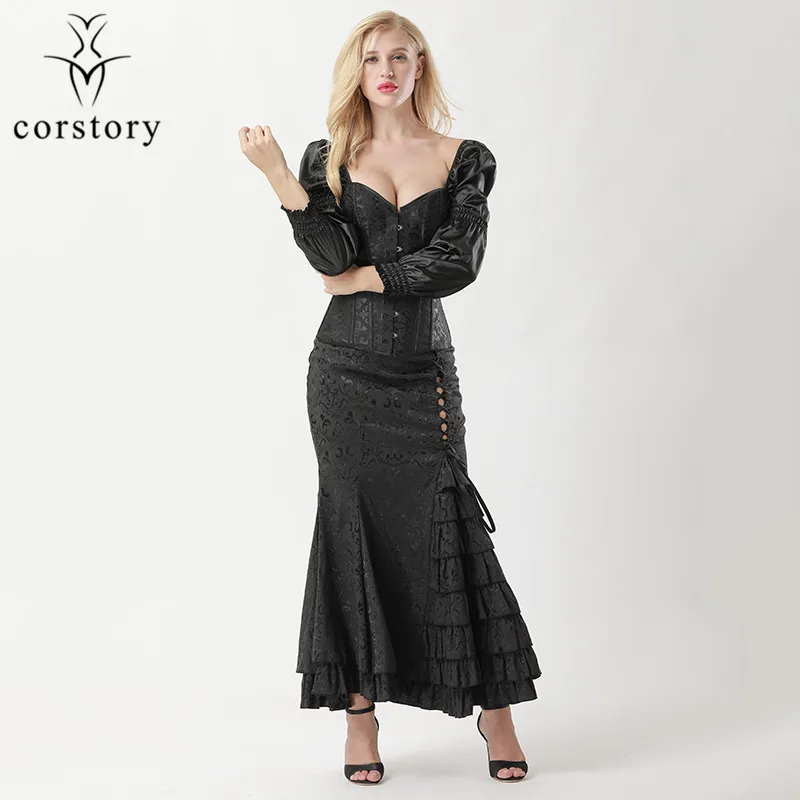 

Corstory Victorian Gothic Black Brocade Steel Boned Overbust Corset And Slim Skirt Halloween Costume Steampunk Corset Sets