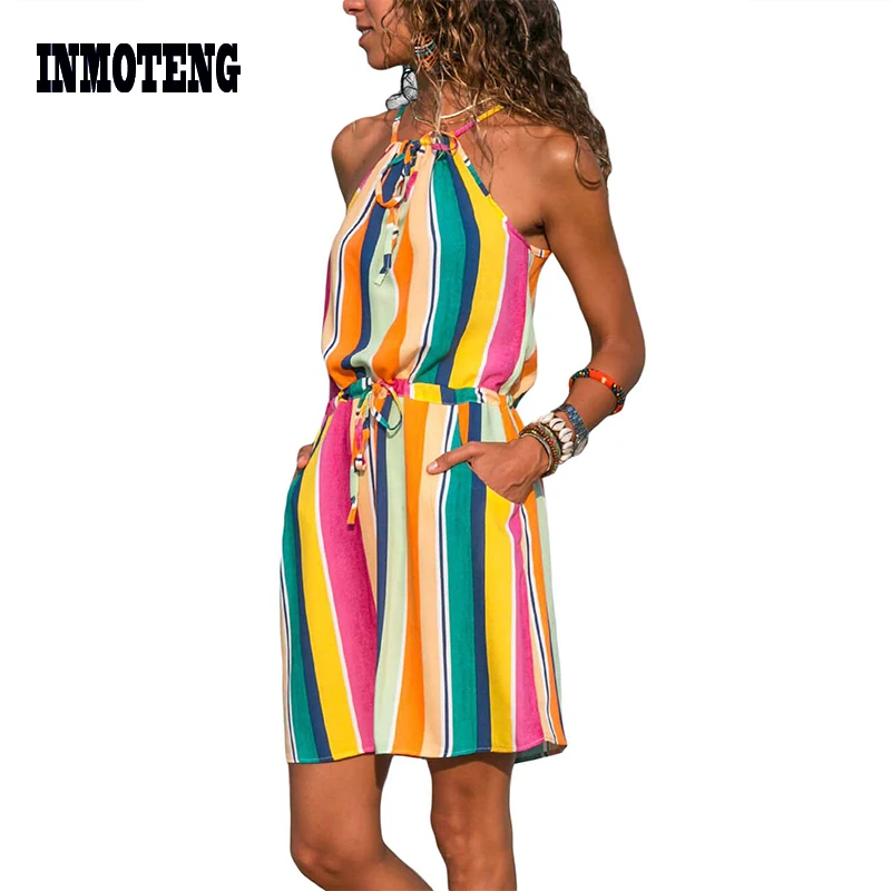 

INMOTENG Multicolor/Blue Striped Tank Tunic Dress Women Orange Floral Print Plus Size XL Beach Mini Dresses Sundress Vestido