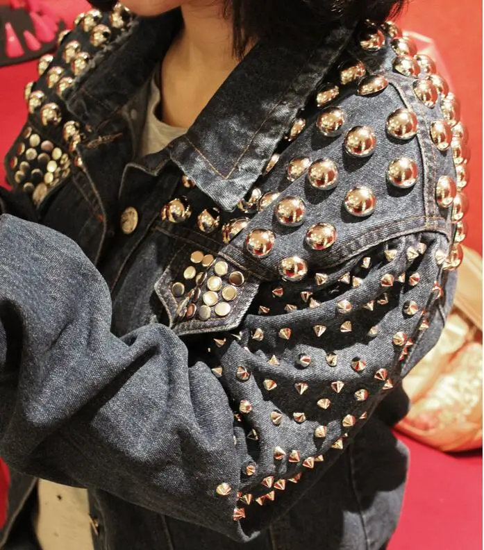 Women's blue denim metal rivet jacket lady's punk style Rock and roll