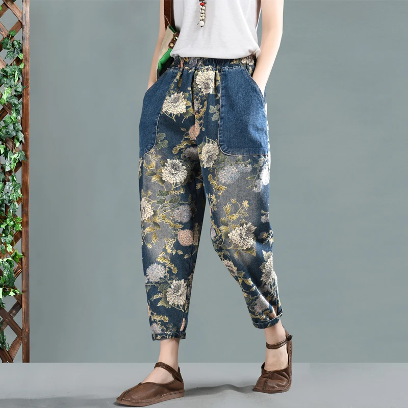 Горячие весенние джинсы ретро женские джинсовые брюки с эластичной талией Новые женские повседневные джинсовые брюки с карманом и цветочным принтом свободные винтажные джинсовые брюки