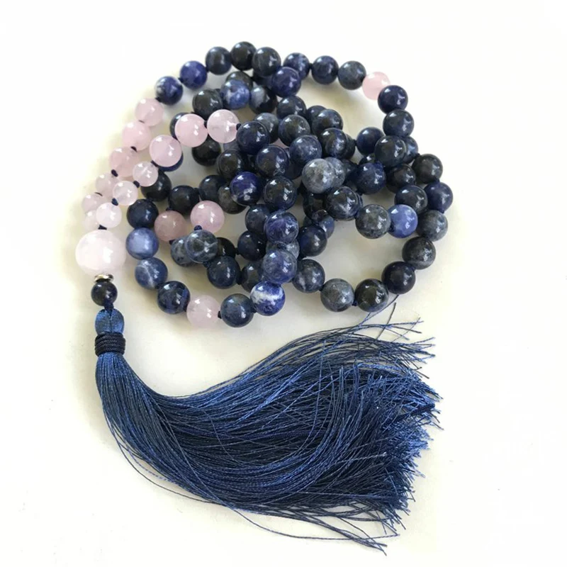 

Rose Q-uartz Sodalite Mala Beads Necklaces Healing Stone Knotted Necklace 108 Yoga Meditation Beads Necklace Tassel Jewelry