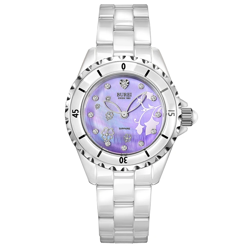 

New BUREI Quartz Watch Women Casual Fashion Female Ceramic Diamonds Gold Clover Flower Purple Ladys Clock Relogio Feminino
