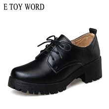 E TOY WORD autumn British style split leather Women square Heel Flat Platform Shoes Woman lace-up oxford shoes for women shoes