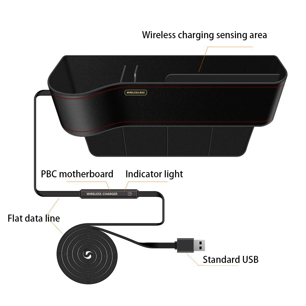 Q7 QI Car Wireless Charger Storage Box Seat Slit Gap Crevice Storage Charging Station Box for iPhone 8/X Samsung Galaxy S9/S9