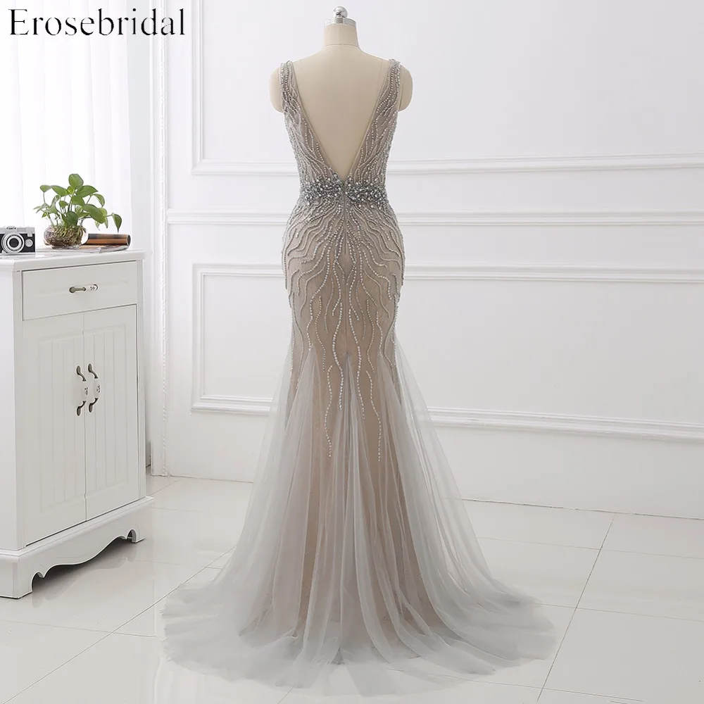 Женское длинное вечернее платье Русалка Erosebridal серое роскошное со шлейфом и