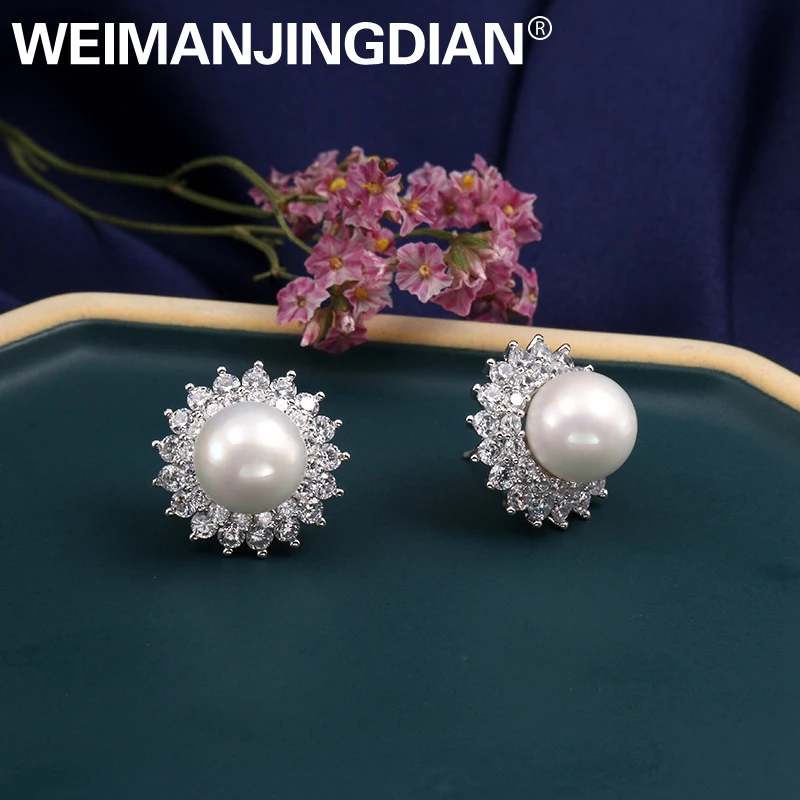 

WEIMANJINGDIAN New Arrival Simulated Shell Pearl Centered Brilliant Cubic Zirconia CZ Crystal Flower Stud Earrings for Women