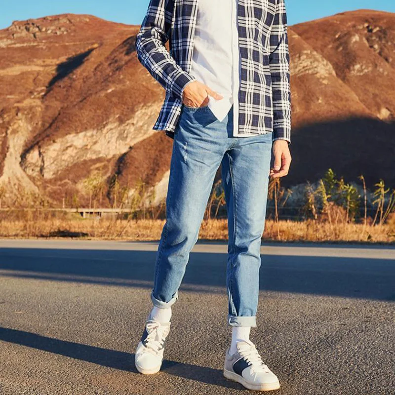 BURJOLINE мужские хлопковые джинсы легкий стрейчевый Облегающий Брюки студенческие повседневные брюки B9206