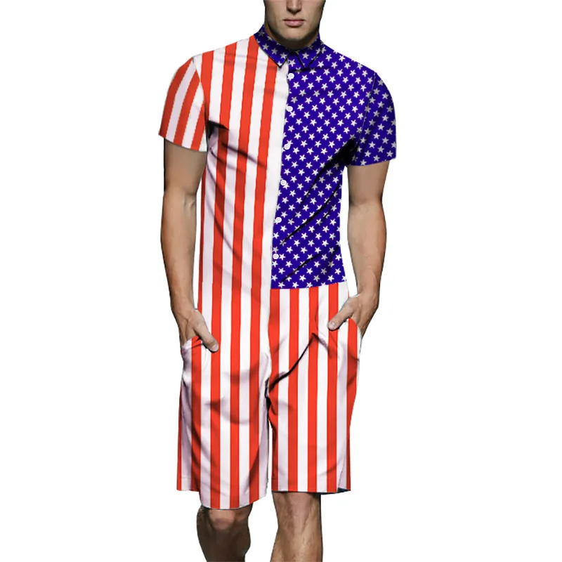 Tooling Suits Male Summer New Creative Star Stripe 3d Men's Rompers Short Sleeve Funny Jumpsuit Playsuit Tracksuit Sweatsuit | Мужская