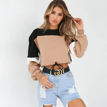 

2018 Autumn Long Sleeve Hoodie Harajuku Round Neck Woman Patchwork Bandage Casual Loose Crop Top Moletom ez*