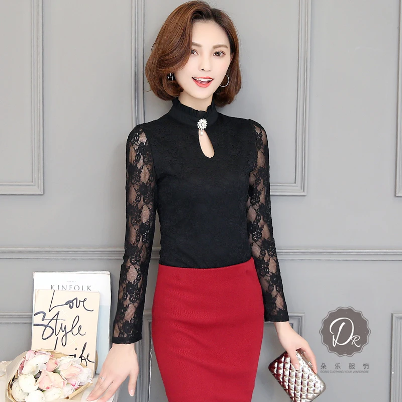 Blusa feminina офисные осень зима Женская кружевная блузка размера плюс с длинными