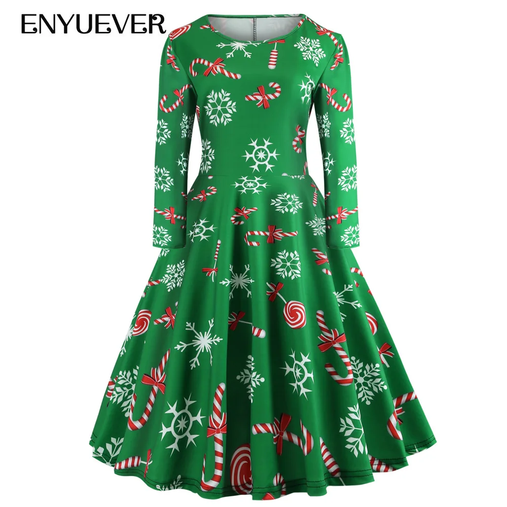 

Enyuever Sukienka Christmas Dress Jurk Kerst Santa Snowflake Print Vestidos Navidad Mujer Pin Up Party Xmas Dress Long Sleeve