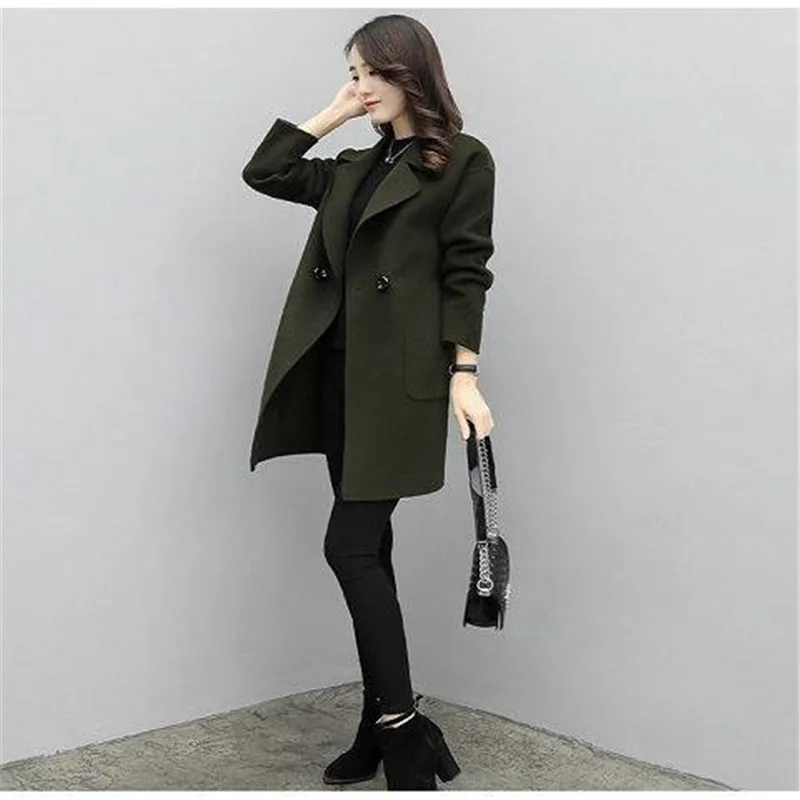Зимнее свободное Большие размеры, S-3XL женское теплое шерстяное пальто Новое повседневное средней длины однотонное Женское шерстяное пальто с длинным рукавом