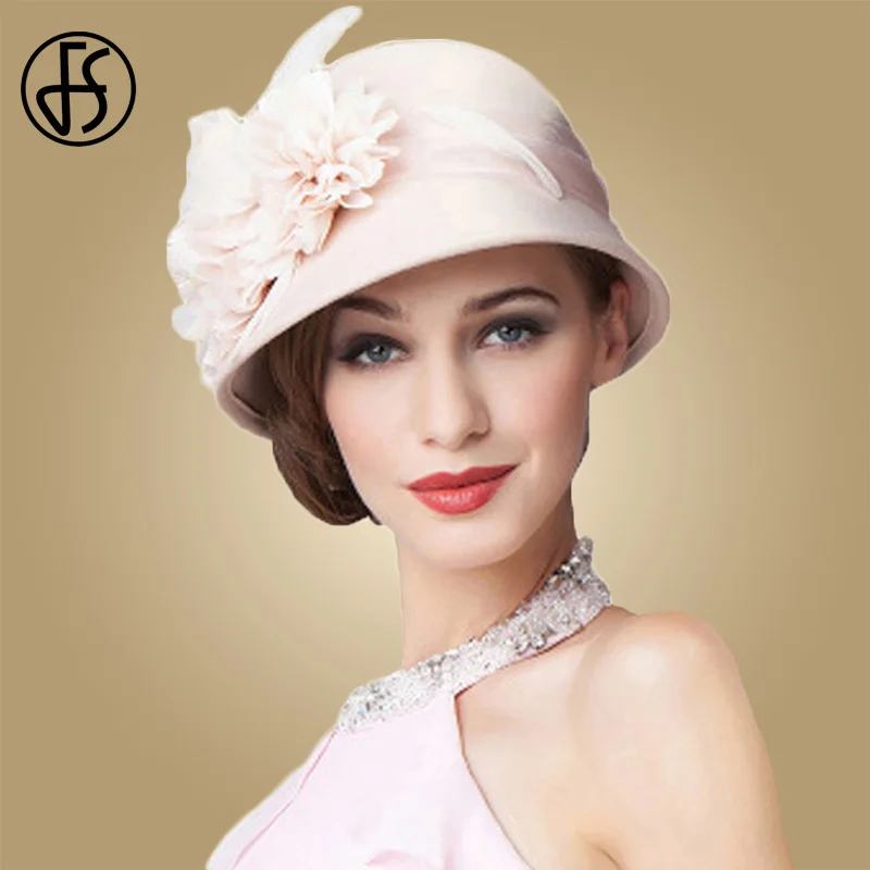 

FS Wedding Hat For Women Elegant 100% Wool Felt Floppy Fedoras Ladies Apricot With Flowers Wide Brim Cloche Bowler Derby Hats