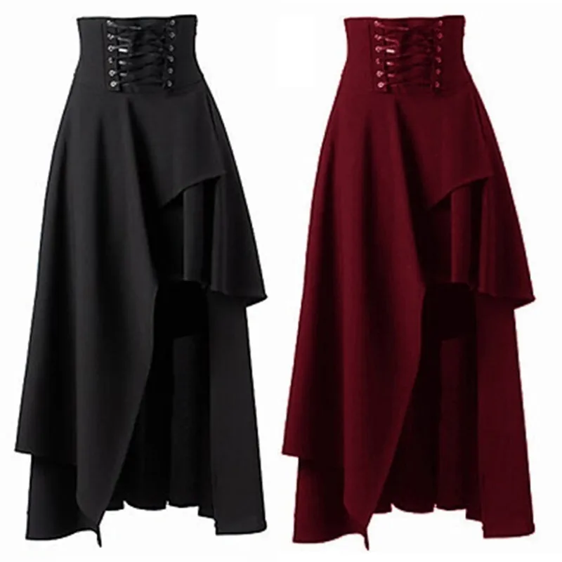 

Long Skirt Women Spring Autumn Lolita Bandage Wine Red Black Gothic Skirt Women High Waist Irregular Party Skirt