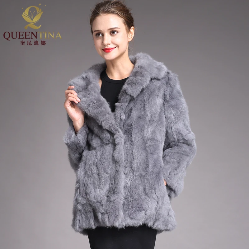 Серое пальто из кроличьего меха, зимнее пальто из натурального меха для женщин, верхняя одежда, теплая меховая куртка для женщин с длинным рукавом, модное пальто из натурального меха