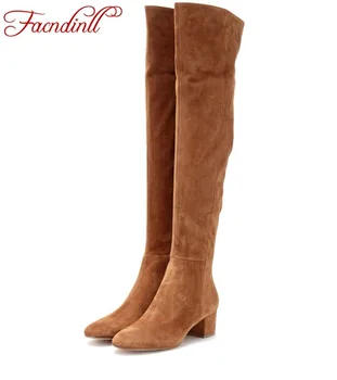

FACNDINLL winter boots suede leather thigh high boots sexy fashion over the knee boots high heels woman shoes black botas mujer