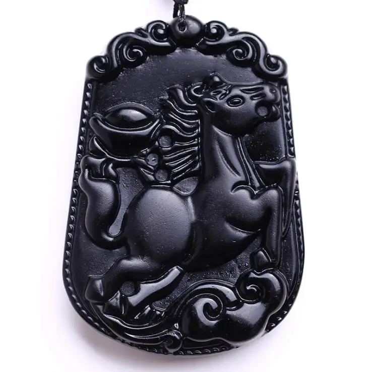 

Natural Black Carved Chinese horse Obsidian amulet necklace pendants fine for women and men