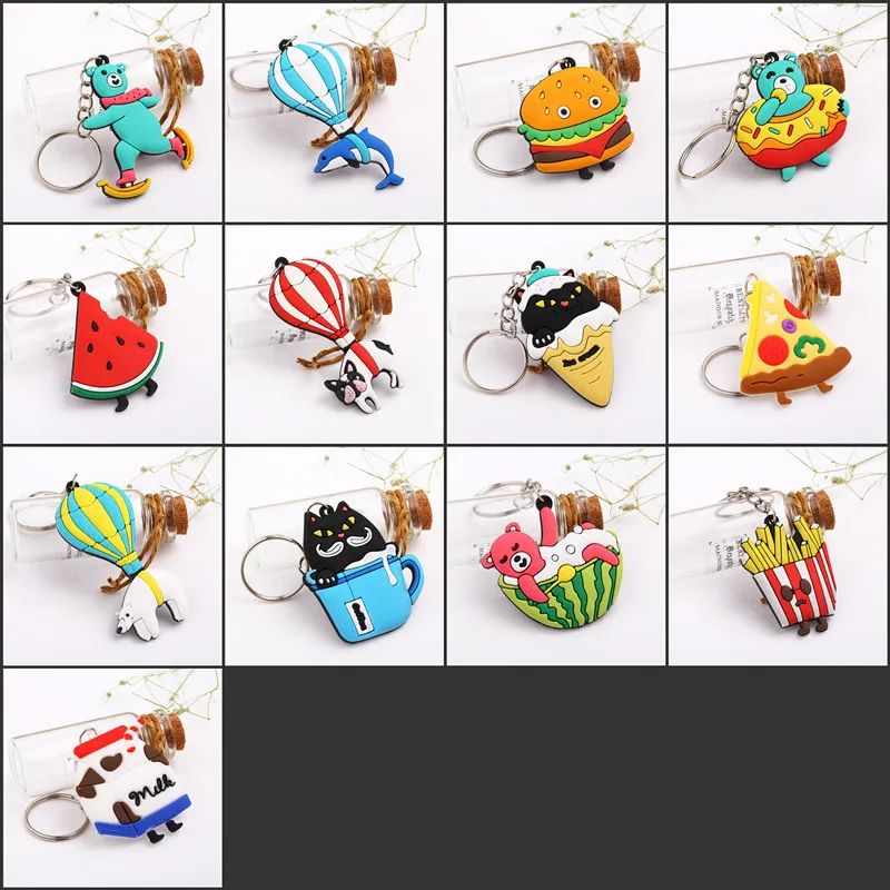 

30Pcs/lot Cute PVC Cartoon Key Chain Dolphin Dog Food Pizza Burger Key Ring Kids Toy Pendant Keychains Key Holder Party Gift