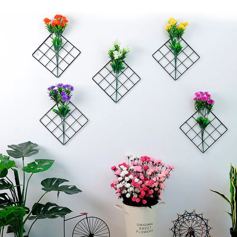 Iron Mesh Grid Panel Photo Holder Artificial Flower Storage Rack Wall