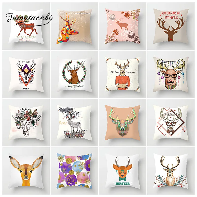 

Fuwatacchi Cartoon Style Cushion Cover Christmas Deer Snowman Printed Sofa Throw Pillow Car Chair Home Decor Pillow Case