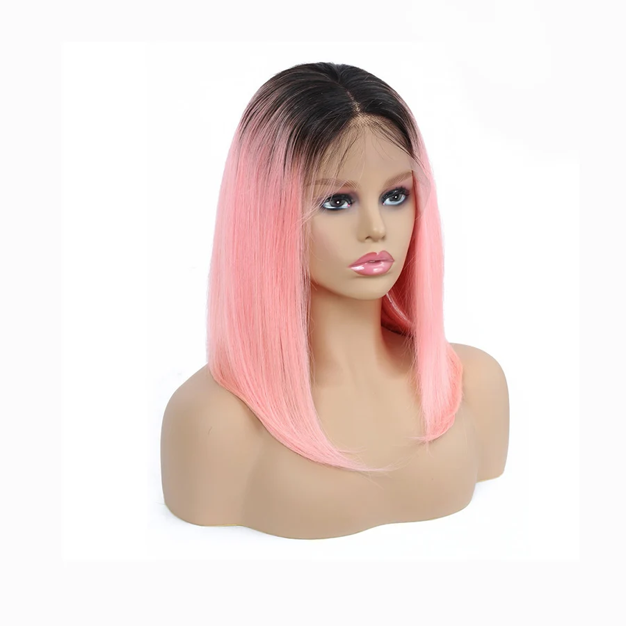 Короткие Синтетические волосы на кружеве человеческих волос парики для чернокожих Для женщин бразильский человеческих волос парик с детскими волосами предварительно вырезанные 13x4 светлые розовый 99J luasy - Цвет: T1B-Pink