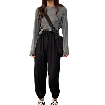 

Fashion Sports Suit Female Spring Summer New High Waist Loose Casual Pants + Long-Sleeved T-Shirt Two-Piece Student Tide 2019
