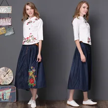 Винтажная Женская эластичная высокая талия китайский стиль вышитая длинная джинсовая юбка размера плюс трапециевидная плиссированная макси для женщин