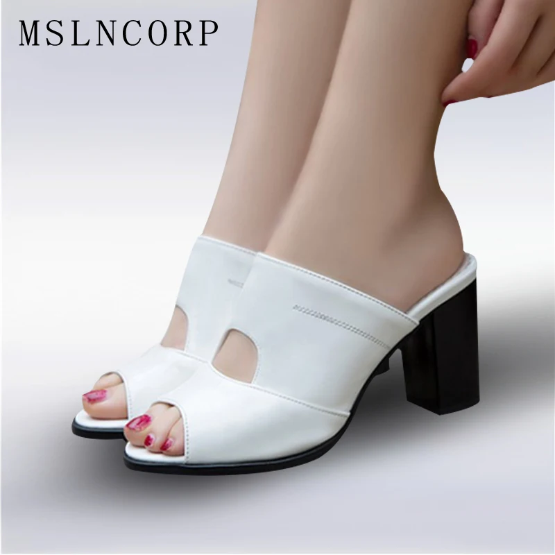 

Plus Size 34-47 New Fashion Casual Patent Leather Women Slippers Outside Fish Head Roman Shoes Summer Pumps black White Sandals