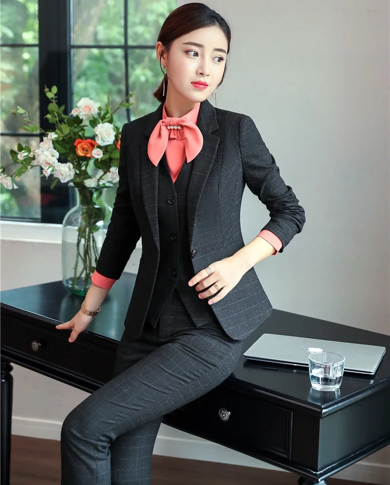 Uniform Styles Business Suits Formal 4 Pieces Jackets And Blazers And Vest Coat & Waistcoat And Blouses Ladies Office Sets