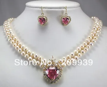 

huij 00121 STUNNING SET white pearl necklace + heart pink zircon pendant earring