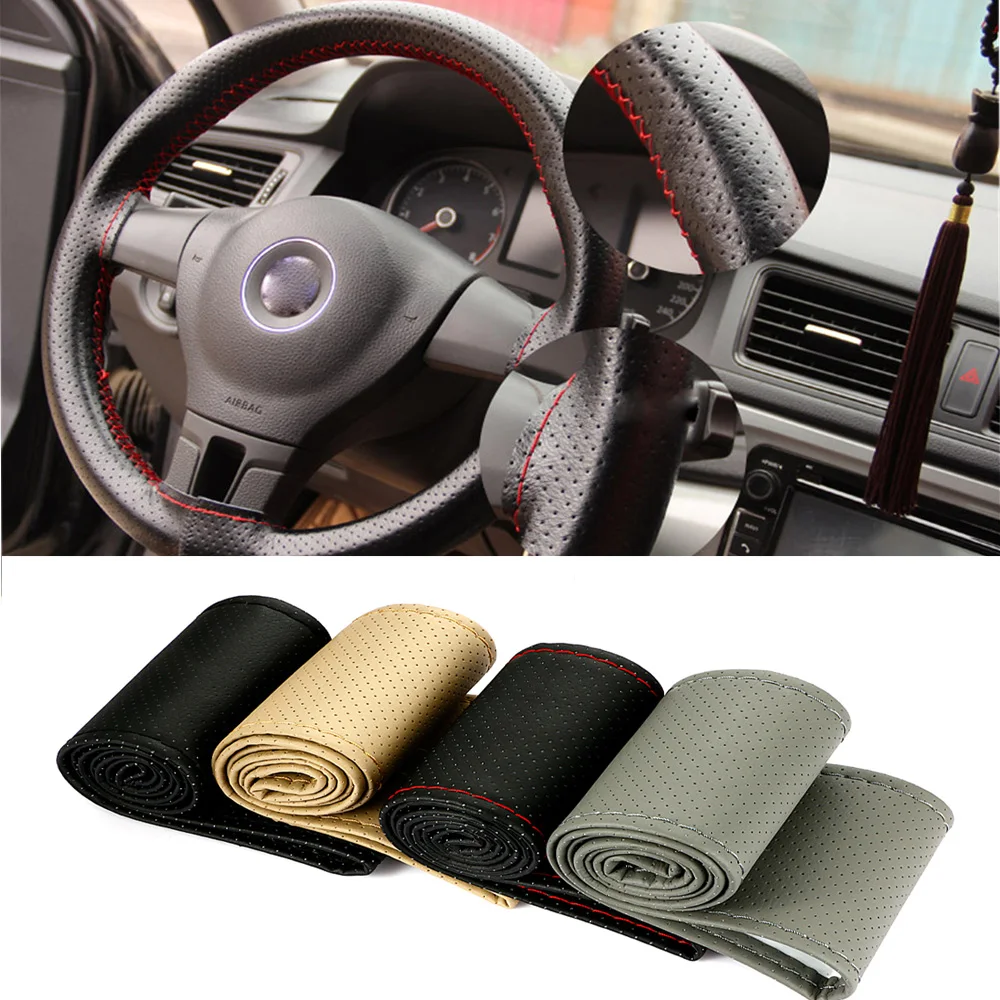 

38cm Car Styling Black DIY Car Steering Wheel Cover With Needles and Thread Genuine Artificial leather Car-Styling Accessories