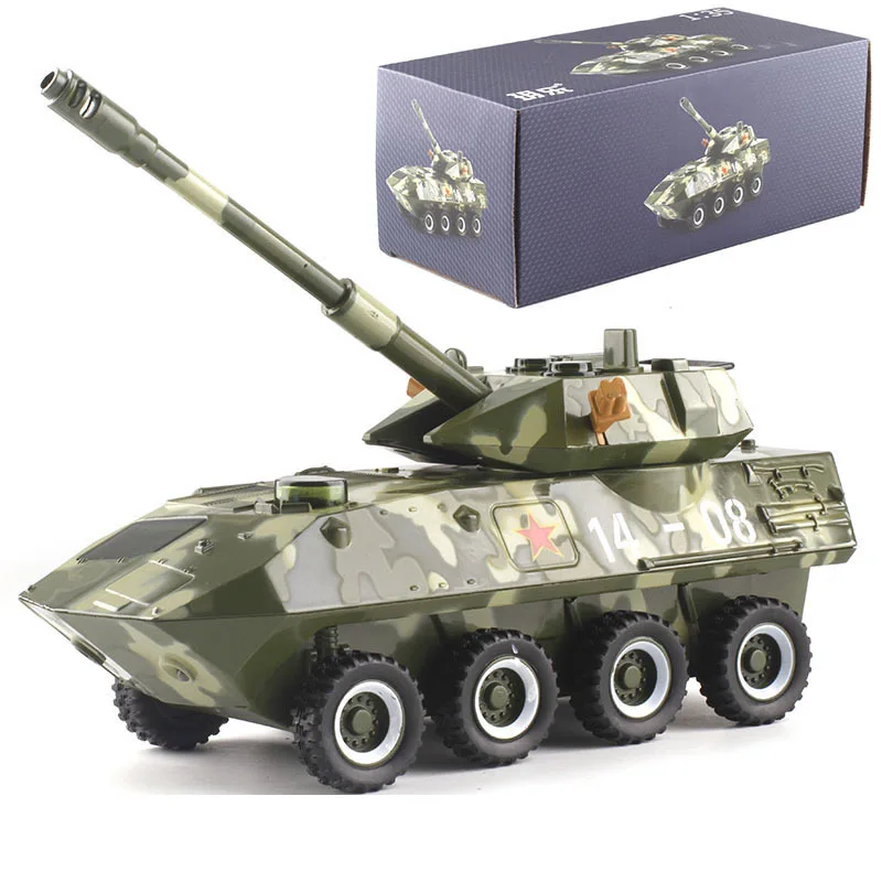 

Alloy Pull Back 8 wheels Armored Vehicle Toy Static Military Model Chariot Sound Light 801E Tank Toys