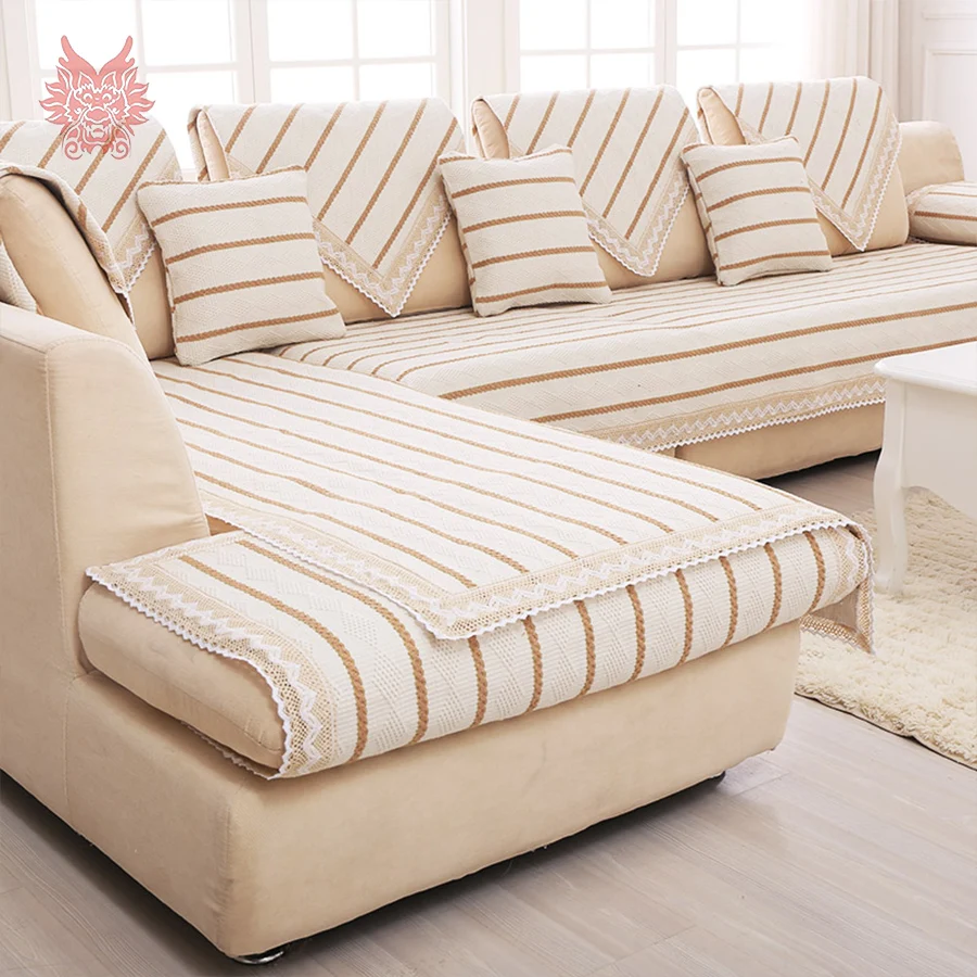 Modern off white brown striped cotton linen sofa cover lace decor