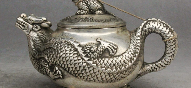 

6 Chinese FengShui Silver Dragon Toad Hoptoad Wealth Statue Wine Tea Pot Flagon