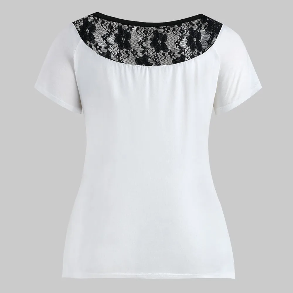 Lace Patchwork Plus Size Tops Floral Printed Sexy Women T Shirt O-Neck Large Sizes Asymmetry Party White Shirt Blusas Femininas Tops
