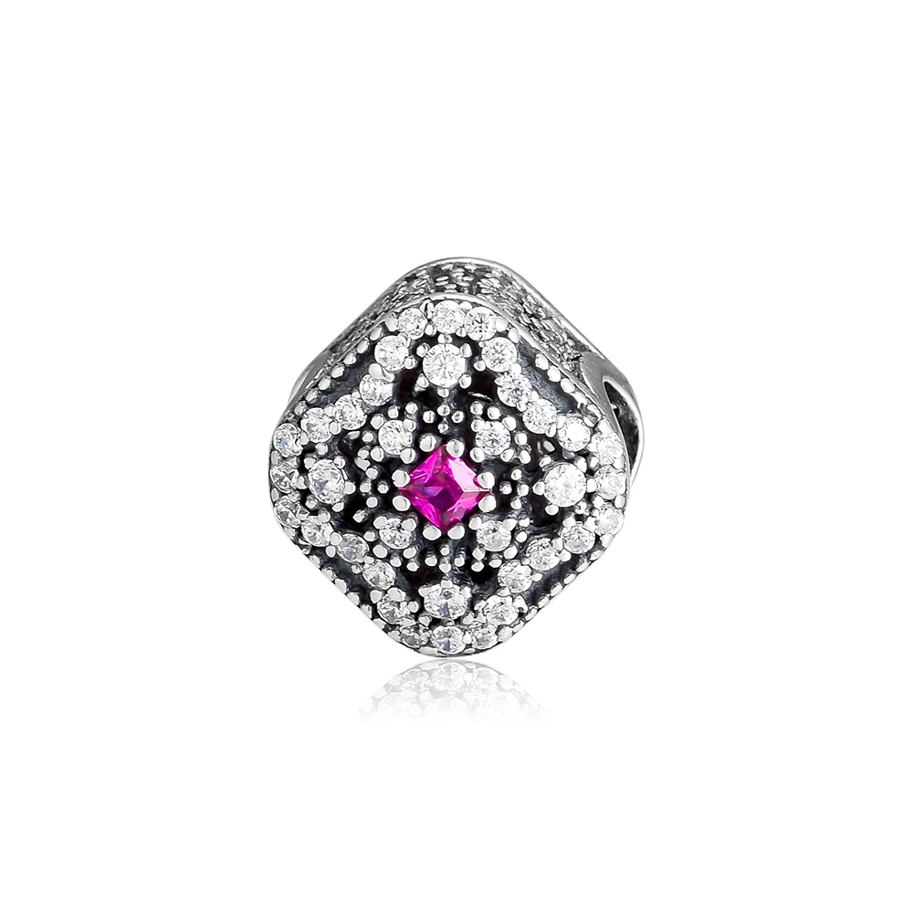 

100% 925 Sterling Silver Fairytale Treasure Bead, Cerise Crystal & Clear CZ Charm Fits Charms Bracelet Beads for Jewelry Making