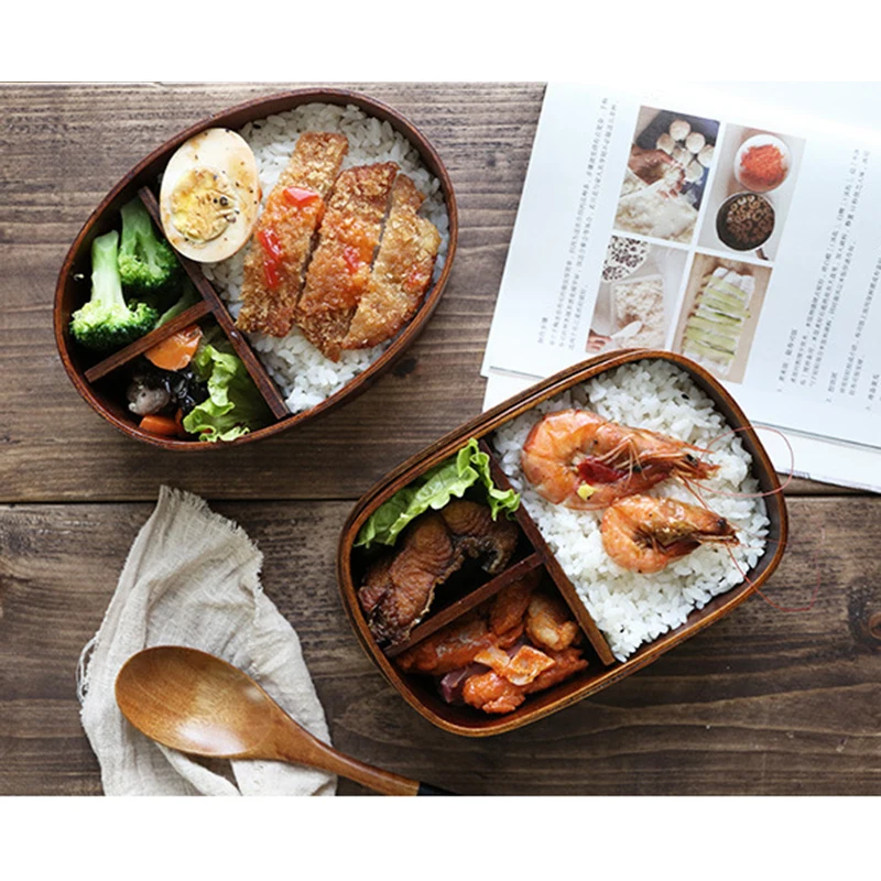 Japanese Style Bento Boxes 1 Layer 3 Grids Wood Lunch Box Portable