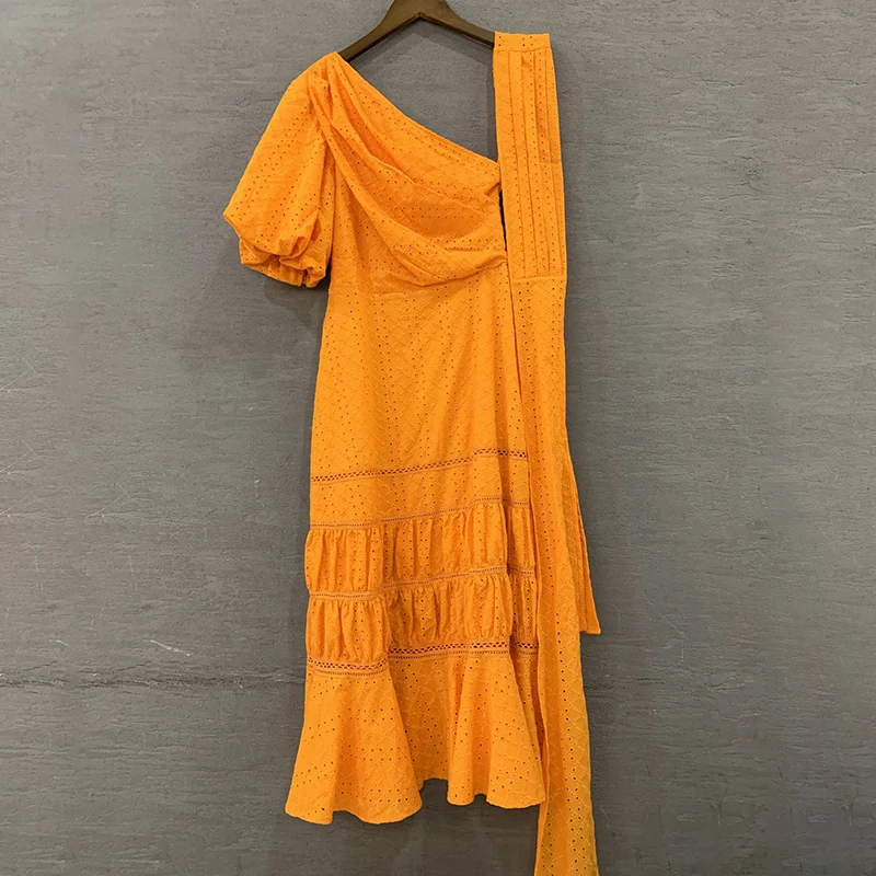 VGH, асимметричный воротник, однотонное женское платье с открытыми плечами, пышные рукава, высокая талия, трапециевидные платья для женщин,, летняя мода, новинка - Цвет: Orange