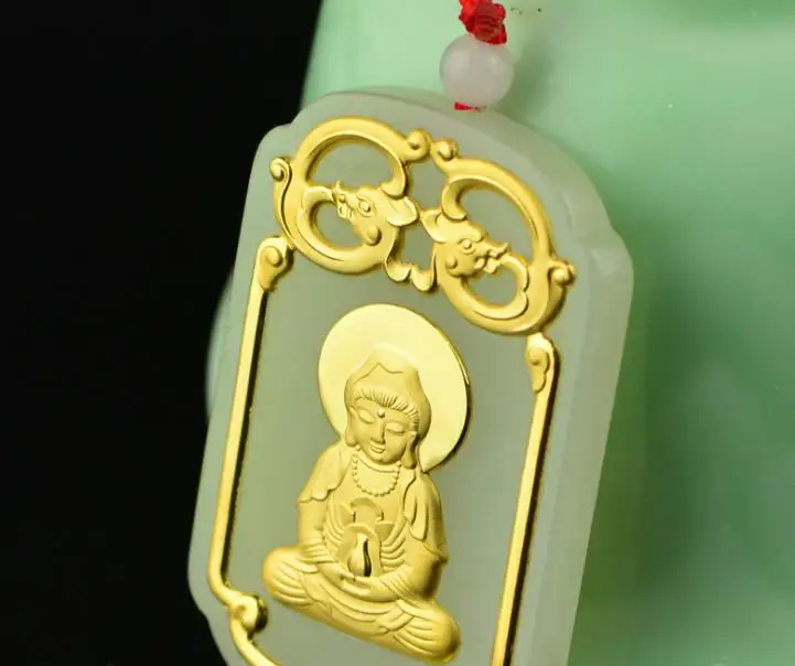 Черный 3D gold inlaid natural Hetian jade Guanyin Buddha pendant H121 - Цвет камня: Черный