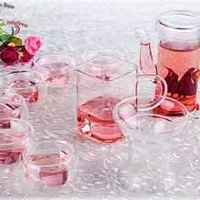 1х чайный набор для кофе кунг-фу 9 в 1+ стеклянный цветочный чайник с ручкой дракона 200 мл+ ситечко+ кувшин+ 6 чашек с двойными стенками в форме сердца