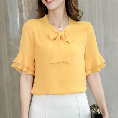 

2019 Women Summer Korean Shirt Short Sleeve Ladies Shirt Casual Women Clothing Streetwear Slim Chiffon Blouse Ruffles Tops