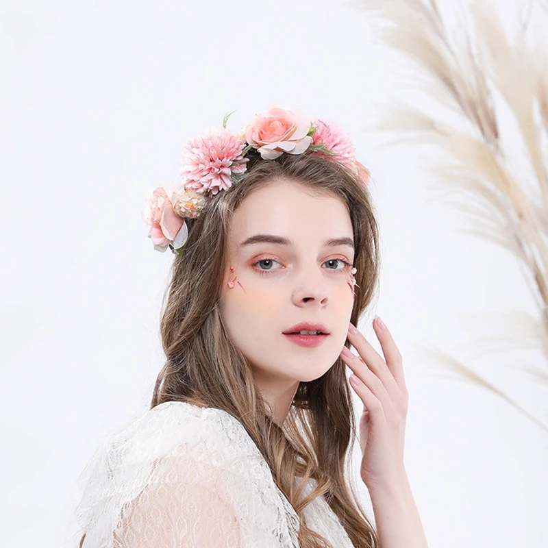 

Lateelah New Arrival Flower Hair Wreath Rose Hairband Flower Crown Kids Seaside Tourism Wreath Photos with Rattan