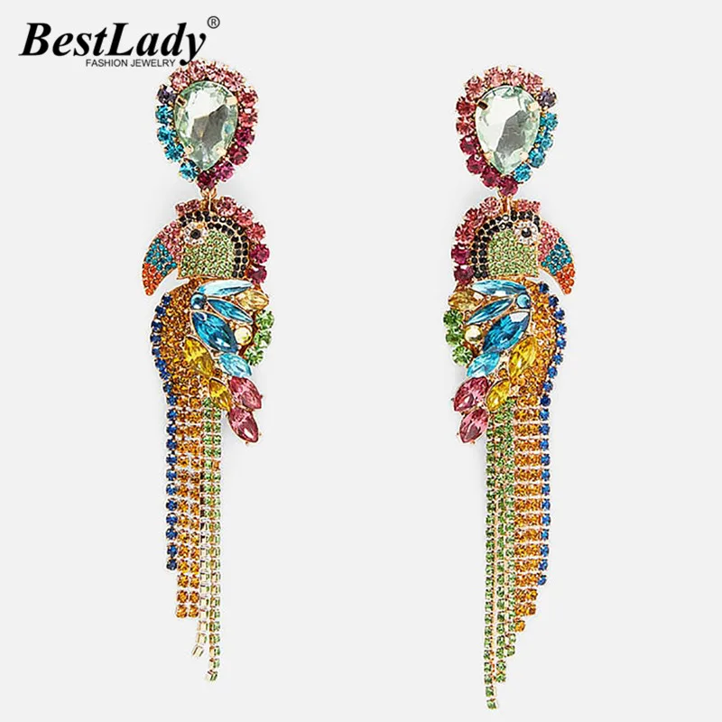

Best lady Colorful Shiny Crystal Fringed Drop Earrings ZA Wedding Jewelry Bird Fish Animal Pendant Boho Flower Dangle Earring