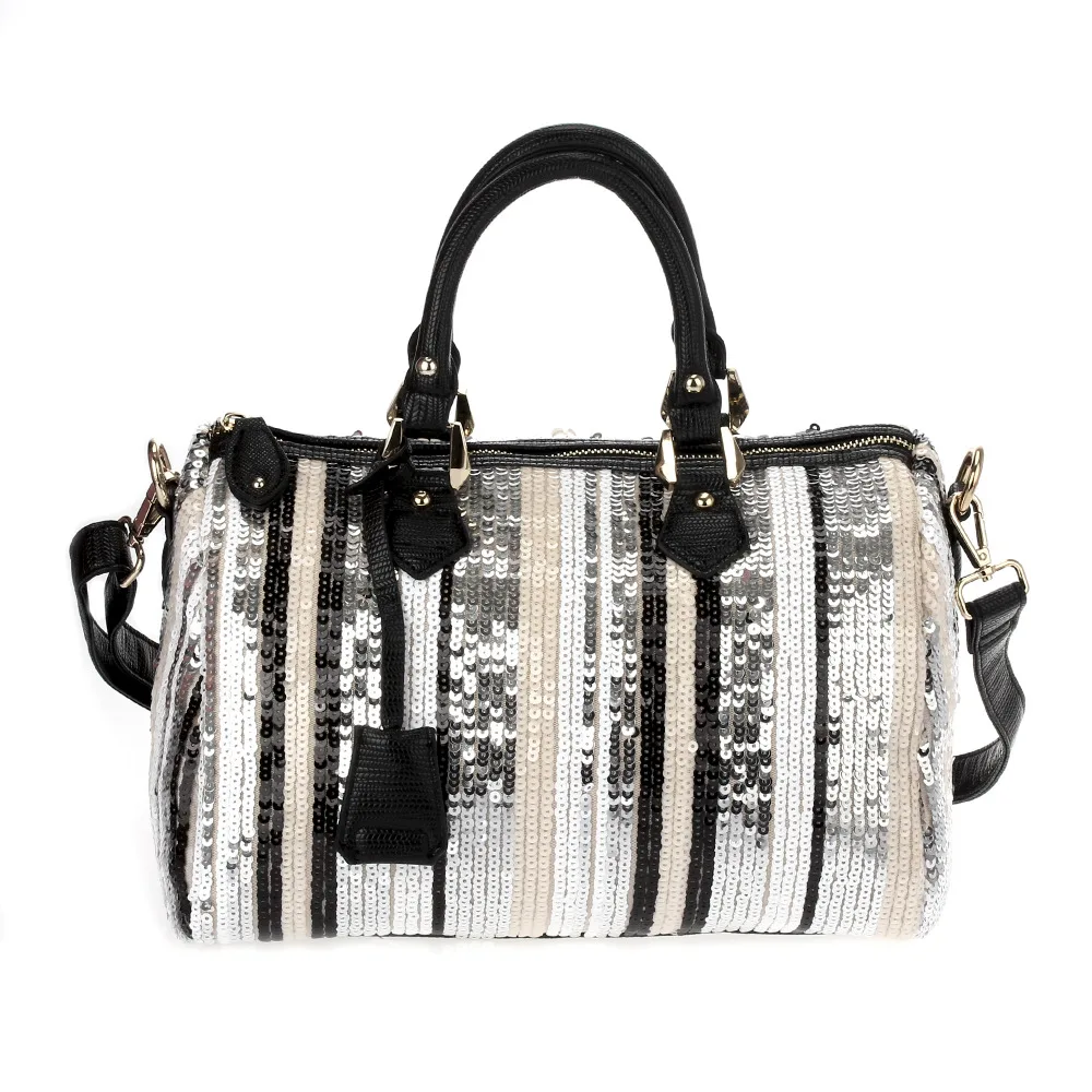 

Women Fashion Tote Bag European Style Black Handbag Big Handle Cross Body Long Strap Rock Pattern Sequins Light Gold Hardwares