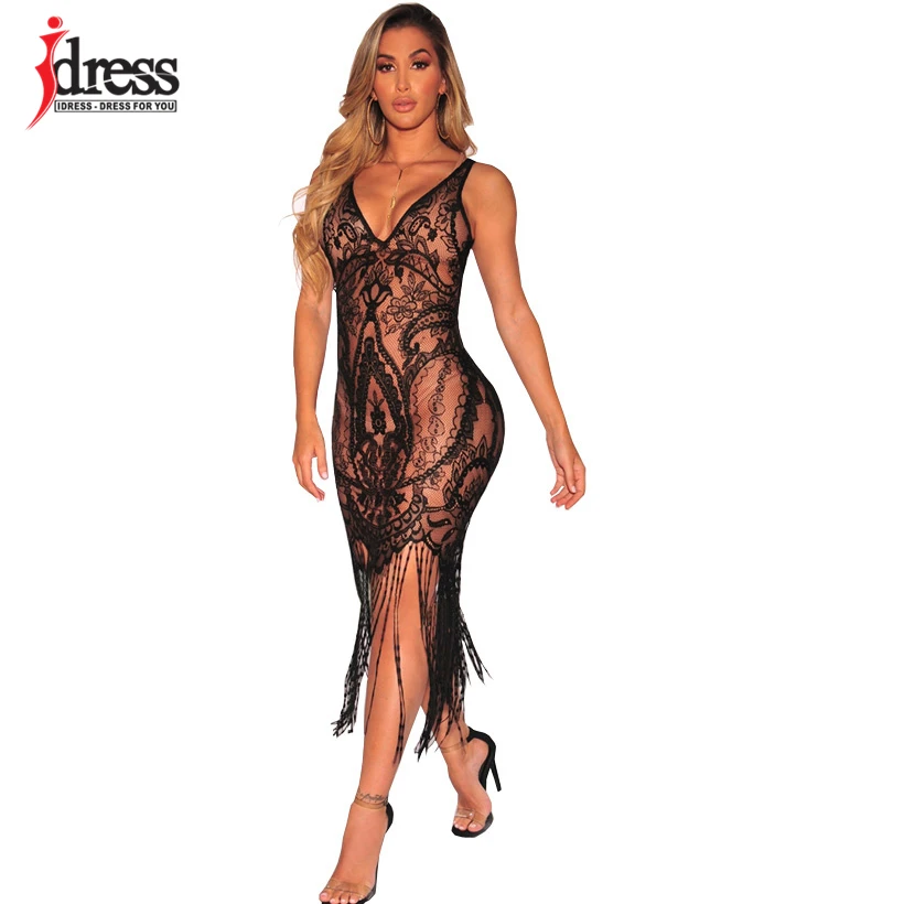 IDress 2018 сексуальное Прозрачное Кружевное облегающее платье женское Макси Платье