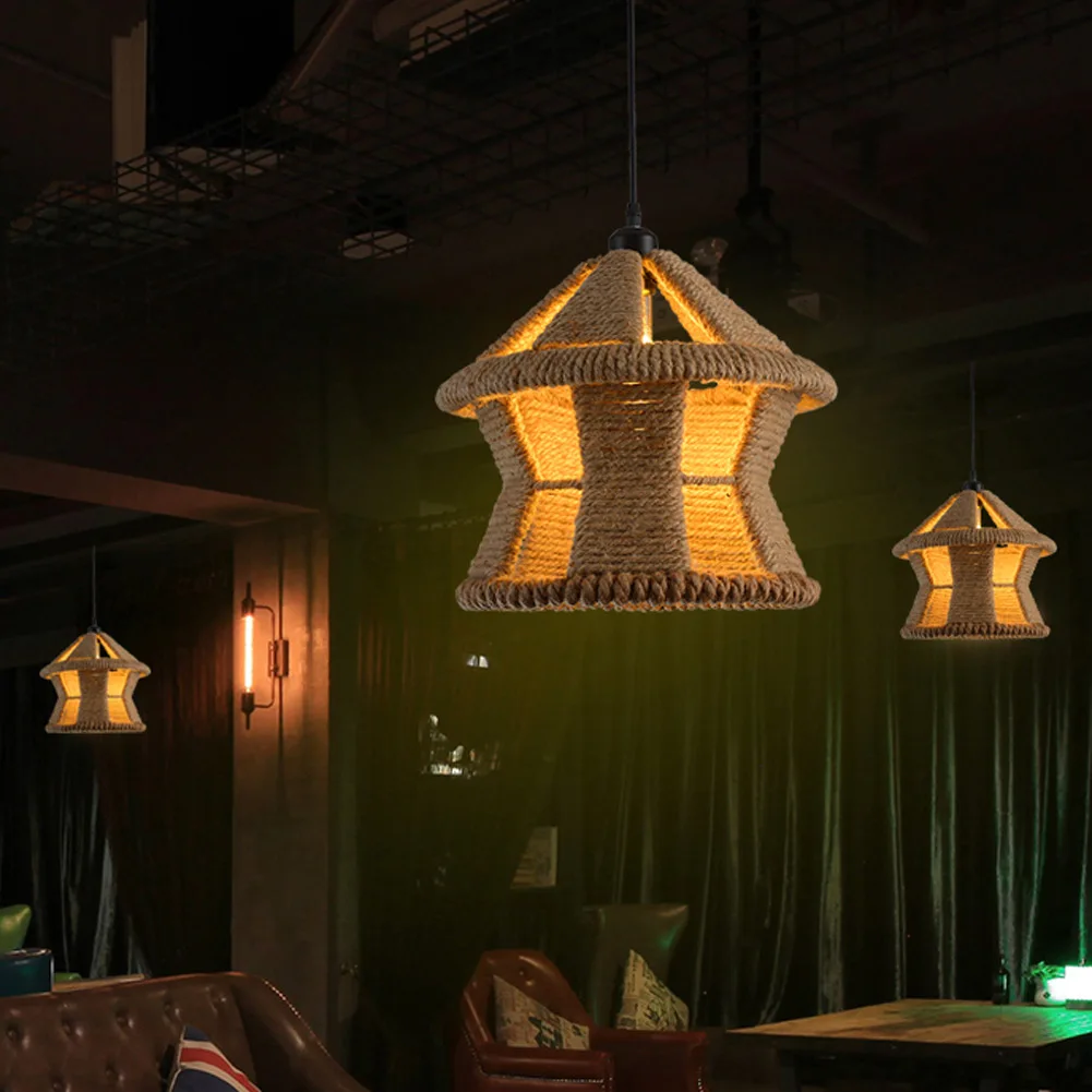 NIUYAO 10.5\" Wide Vintage Industrial Pendant Light - Metal & Hemp Rope Chandelier For Kitchen Island, Cafe, Bar